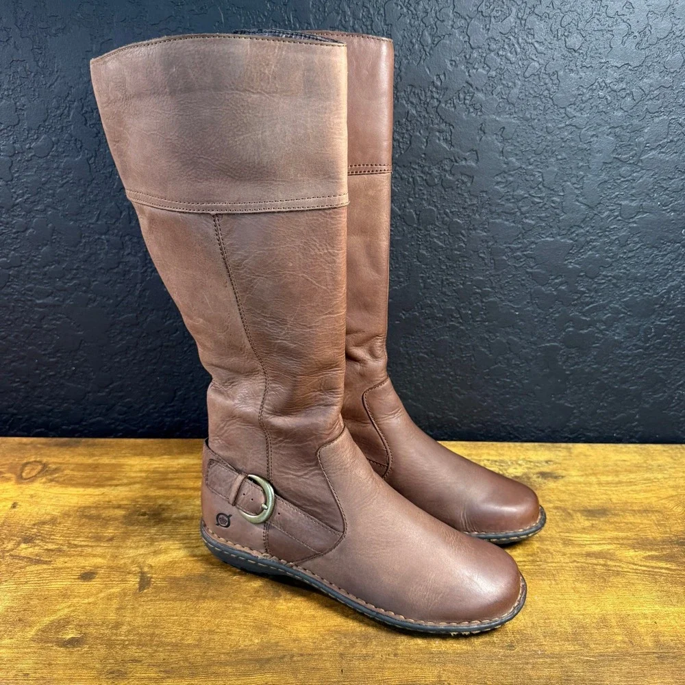 Born Felicia D85206 Brown Leather Knee High Zip Boots Womens Size 7M